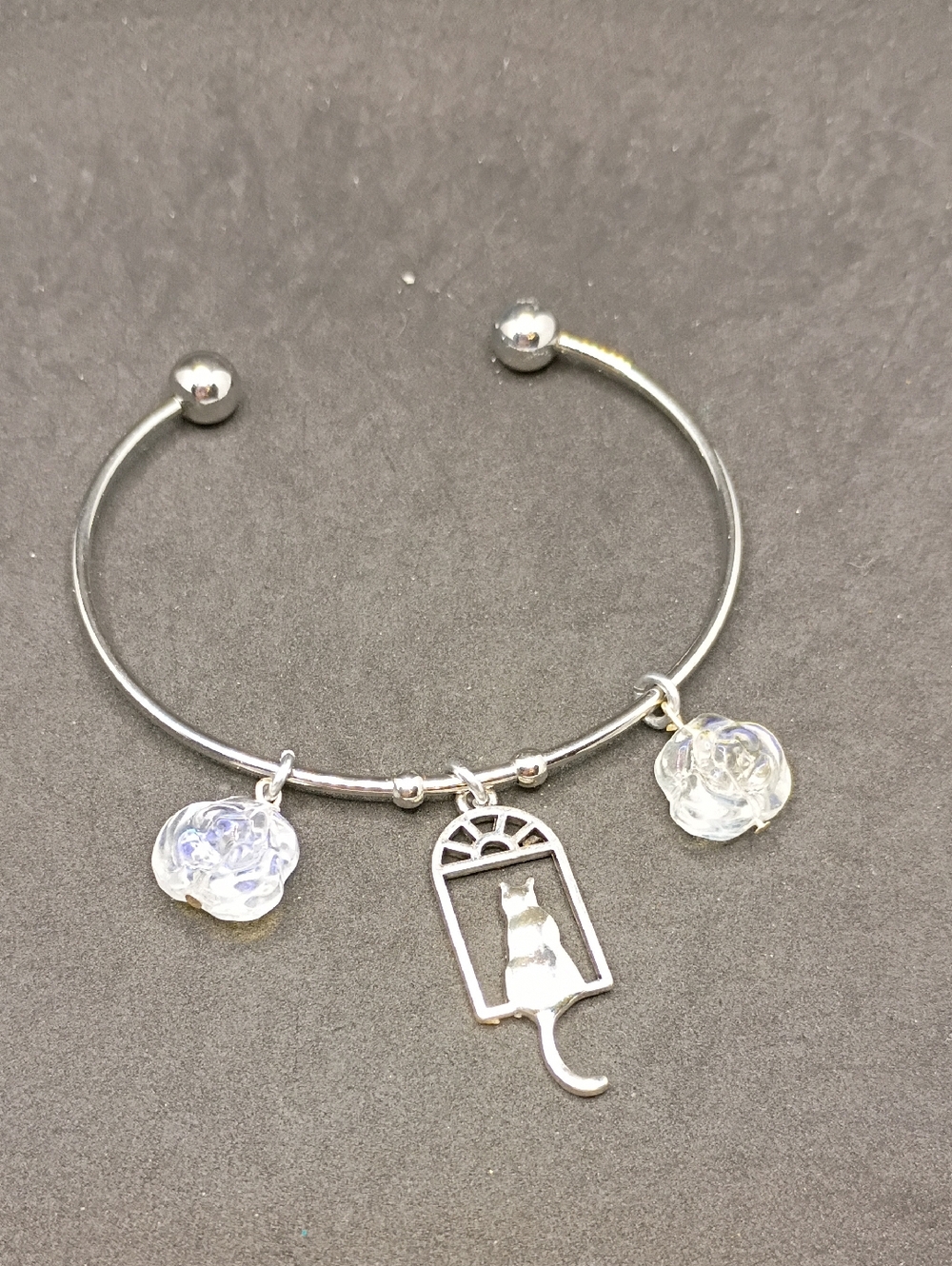 Silver Cat Window Charm Bangle Bracelet with Iridescent Flower Charms